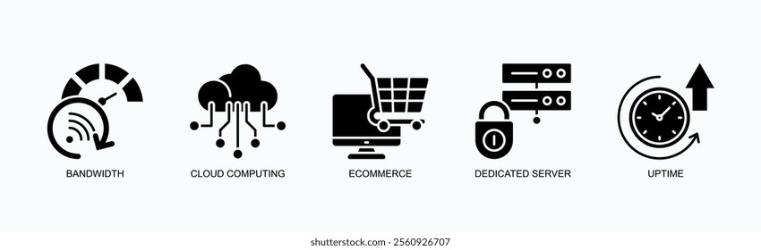 Key Elements Of Modern Web Infrastructure And Services Icon Set Vector Illustration Concept With Icon Of Bandwidth, Cloud Computing, Ecommerce, Dedicated Server, Uptime In Glyph Style