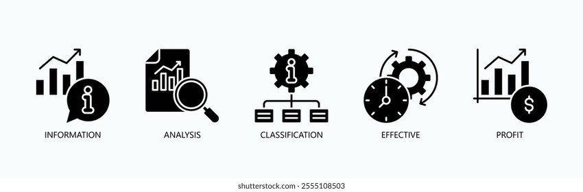 Key Elements Of Strategic Insights And Outcomes Icon Set Vector Illustration Concept With Icon Of Information, Analysis, Classification, Effective, Profit In Glyph Style