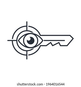 Llave y ojo. Descubre cosas nuevas. Icono lineal vectorial aislado en fondo blanco.