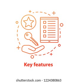 Key features concept icon. Authorization. Add to favorites. Additional information. Quality service idea thin line illustration. Vector isolated outline drawing