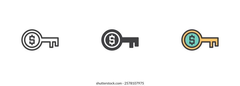 Key To Finance different style icon set. Line, glyph and filled outline colorful version, outline and filled vector sign. Symbol, logo illustration. Vector graphics