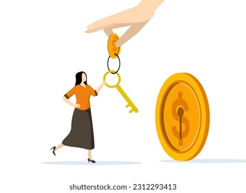 The key to financial success. wealth solution to make money and make profit concept. Unlock secret prizes for investment opportunities. big hand giving key to little businesswoman.