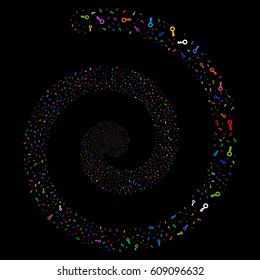 Key fireworks portal spiral. Vector bright multicolored scattered objects.