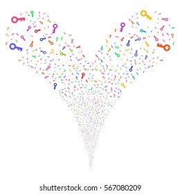 Key fireworks stream. Vector illustration style is flat bright multicolored iconic symbols on a white background. Object double fountain constructed from random pictographs.