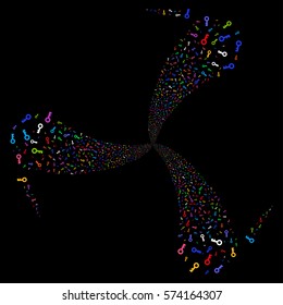 Key fireworks swirl rotation. Vector illustration style is flat bright multicolored iconic symbols on a black background. Object spiral constructed from random design elements.