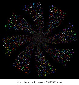 Key fireworks swirl rotation. Vector illustration style is flat bright multicolored iconic symbols on a black background. Object whirlpool organized from random pictographs.