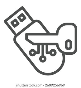 Key and flash drive line icon, neural dataset concept. Vector graphics. Encrypted system digital access key, encryption sign on white background, outline style icon for mobile or web design
