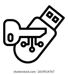 Key and flash drive line icon, secure network concept. Vector graphics. Encrypted system access key, encryption sign on white background, style mobile or design