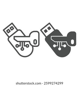 Key and flash drive line and solid icon, neural dataset concept. Vector graphics. Encrypted system digital access key, encryption sign on white background, outline style icon for mobile or web design