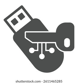 Key and flash drive solid icon, neural dataset concept. Vector graphics. Encrypted system digital access key, encryption sign on white background, glyph style icon for mobile or web design