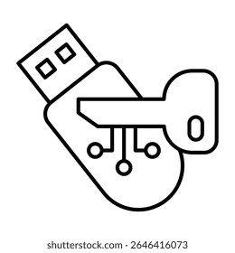 Key and flash drive thin line icon, neural dataset concept. Vector graphics. Encrypted system digital access key, encryption sign on white background, style mobile or design