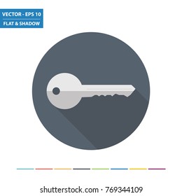 Key flat icon with long shadow. Vector Illustration.
