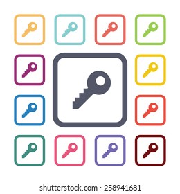 key flat icons set. Open round colorful buttons. Vector 