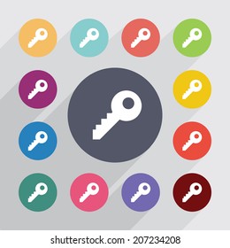 key, flat icons set. Round colorful buttons. Vector