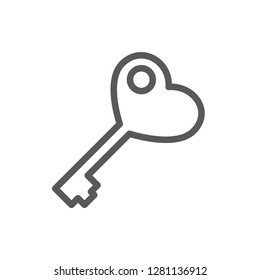 Key in form of heart - line icon with editable stroke. Outline romantic symbol of love and fidelity symbol in vector illustration for Valentines Day or romantic concept isolated on white background.
