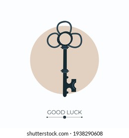 Key fortune and success charm, talisman or amulet with good luck words. Magic key symbol of luck, fortune, wealth and prosperity. Vector illustration isolated on white background