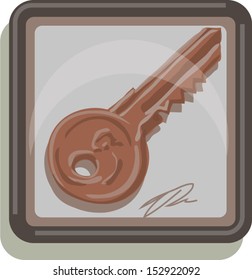 The key is in the frame The symbolic image of a key in a frame under glass in warm colors