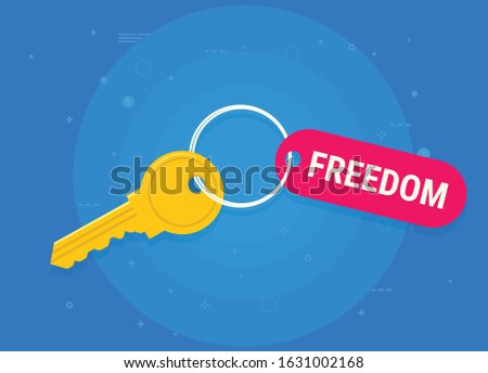 Key to freedom - a yellow key with red tag with the single word freedom. Metaphor for a solution that grants you more freedom. Vector illustration.