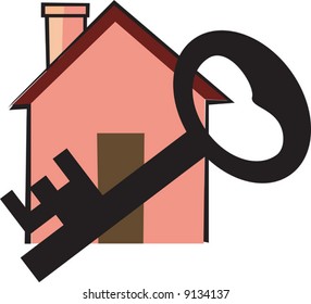 key in front of a house with long chimney	