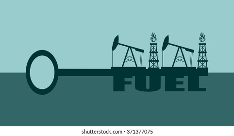 Key with fuel word and mining equipment icons, vector concept. Oil and gas industry relative metaphor