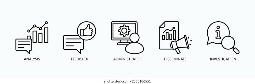 Key Functions In Information Management And Oversight Icon Set Vector Illustration Concept With Icon Of Analysis, Feedback, Administrator, Disseminate, Investigation In Outline Style