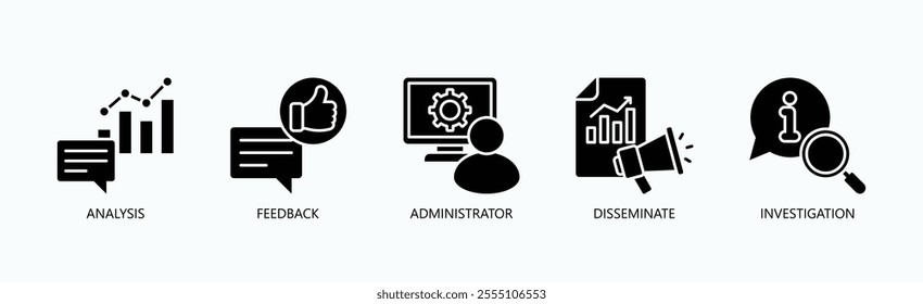 Key Functions In Information Management And Oversight Icon Set Vector Illustration Concept With Icon Of Analysis, Feedback, Administrator, Disseminate, Investigation In Glyph Style