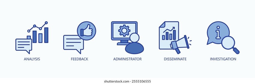 Key Functions In Information Management And Oversight Icon Set Vector Illustration Concept With Icon Of Analysis, Feedback, Administrator, Disseminate, Investigation In Blue Style