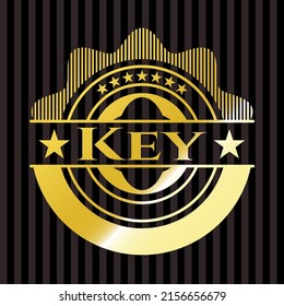 Key gold badge or emblem. Vector Illustration. Detailed. 