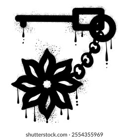 Key graffiti with flower shaped key chain with black spray paint