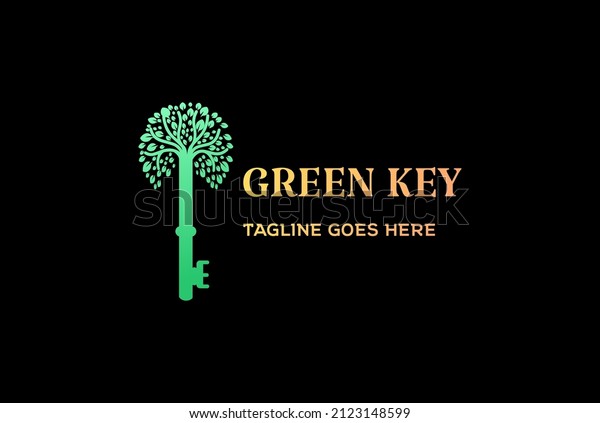 Key with\
Green Leaf Tree Plant Logo Design\
Vector