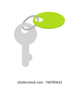 Key with green trinket on keyring flat vector icon isolated on white background. Security access or real estate concept. Door or car key cartoon illustration for applications, logos or web design