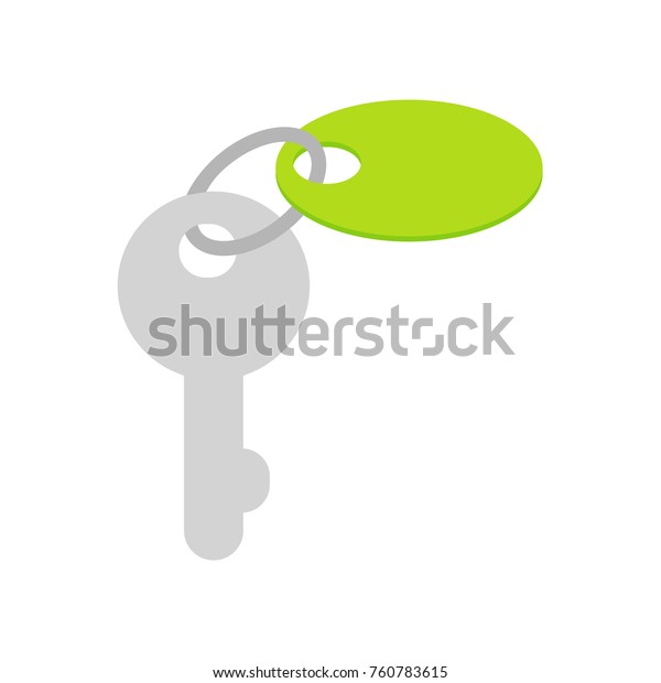 Key with green trinket on keyring flat vector icon\
isolated on white background. Security access or real estate\
concept. Door or car key cartoon illustration for applications,\
logos or web design