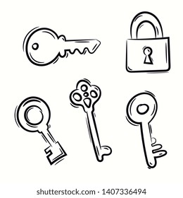 Key Hand Drawn Icons. Doodle Style