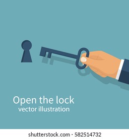 Key In Hand Holds Man. Open The Door Lock. Keyhole Isolated On White Background. Vector Illustration Flat Design. Unlock Opening. Real Estate Template For Sales, Rental, Advertising. Sign In House.
