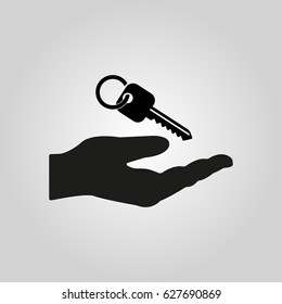 Key in hand icon. Lock, password, private symbol. Flat design. Stock - Vector illustration