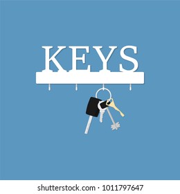 Key hanger with bunch of keys. Illustration in a flat style. Corridor furniture element. Vector illustration