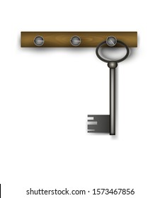 key hanging on the wooden plank on the white background, vector