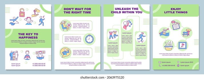 Key to happiness brochure template. Positive thinking. Flyer, booklet, leaflet print, cover design with linear icons. Vector layouts for presentation, annual reports, advertisement pages