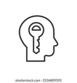 Llave en la cabeza, en el diseño de línea. Idea, creatividad, desbloqueo, innovación, concepto, imaginación, inspiración en el Vector de fondo blanco. Icono de trazo editable de la cabeza