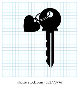 key with heart - black vector icon
