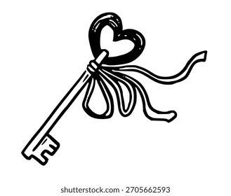 Key with heart and bow vector illustration in doodle sketch style hand drawn line art in black and white. Simple art for valentines day design. Great for romantic card. Nice for cute love concept.