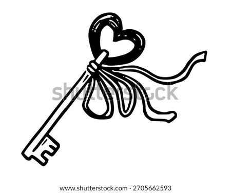 Key with heart and bow vector illustration in doodle sketch style hand drawn line art in black and white. Simple art for valentines day design. Great for romantic card. Nice for cute love concept.
