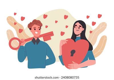 Clave para el concepto de corazón. Hombre y mujer enamorados. Joven pareja y pareja de amantes. Feliz familia juntos. Cartel de bienvenida para el aniversario de la boda y el Día de San Valentín. Dibujo vectorial plano de dibujos animados