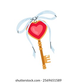 Key to the heart. Decorative element for Valentine's Day. Golden key with a bow and a heart. Flat illustration.