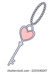 Key to the heart  A device to open the padlock love  Purple key in the shape heart  Keychain from metal chain consisting hearts  Vector illustration  Cartoon style  Isolated background  