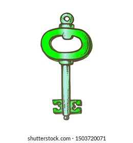 Key In Heart Form Safety Element Retro Vector. Engraved Grunge Metallic Key For Unlock Lock. Antiquarian Protect And Safe Template Hand Drawn In Vintage Style Color Illustration