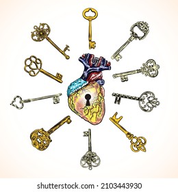 Key to the heart  Key   heart  shaped lock  Hand drawn illustration  Valentine concept  Vector