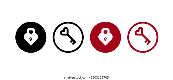 key heart icon set. lock and unlock icon in flat style - stock vector.	