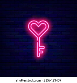 Key with heart neon icon. Romantic signboard. Wedding concept. Valentines day emblem. Shiny effect banner. Pictogram on brick wall. Luminous label. Editable stroke. Vector stock illustration