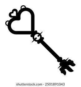 Key with heart in old style. Black silhouette of key. Vector illustration isolated on white background.